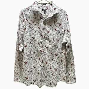 Express Button Up Shirt Men's XL White Red Rose Floral Print Extra Slim Fit EUC